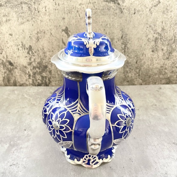 Vtg Hutschenreuther Hohenberg Germany Cobalt Blue Silver Overlay Tea Pot - Picture 3 of 10